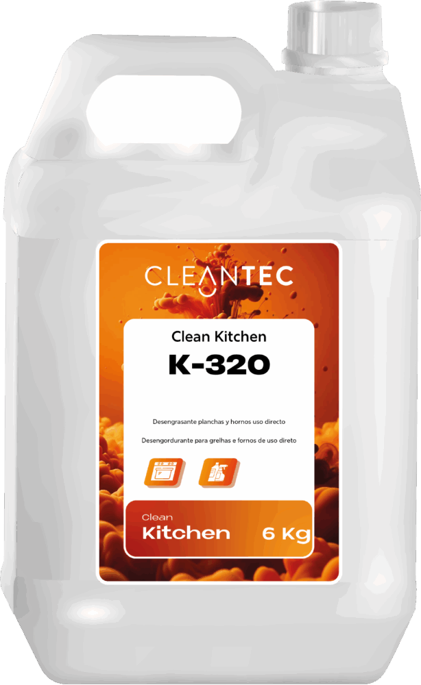 CLEAN KITCHEN K-320 es un desengrasante de uso directo, especialmente formulado para la limpieza rápida y eficaz de planchas, hornos, freidoras y superficies muy sucias sin necesidad de dilución. Su potente acción alcalina disuelve grasas carbonizadas y residuos cocinados, incluso en superficies calientes, restaurando el brillo original del acero. Ideal para limpiezas diarias en cocinas profesionales, restaurantes y colectividades con alta rotación. Aplicación directa con pulverizador o brocha. Venta exclusiva para profesionales. Producto de uso profesional, no apto para uso doméstico.