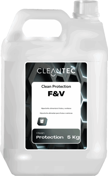 CLEAN F&V es un hipoclorito sódico alimentario, especialmente formulado para la desinfección de frutas, verduras y superficies en contacto con alimentos. Garantiza una higiene segura en productos frescos, eliminando eficazmente bacterias, hongos, virus y otros microorganismos patógenos, sin dejar residuos nocivos cuando se emplea según las instrucciones de uso. Indicado para cocinas industriales, colectividades, supermercados, industria alimentaria y comedores escolares. Producto autorizado para uso en la industria alimentaria bajo condiciones controladas. Venta exclusiva para profesionales. Producto de uso profesional, no apto para uso doméstico.
