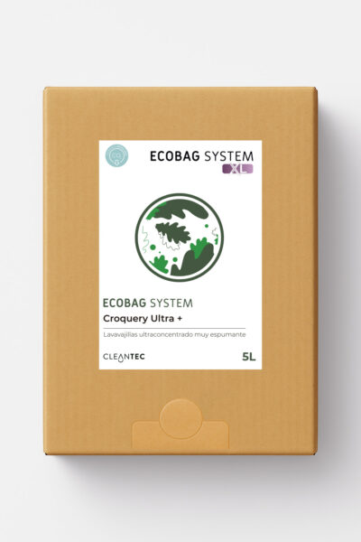 ECOBAG SYSTEM XL CROQUERY ULTRA+ es un lavavajillas manual ultraconcentrado, formulado para producir una espuma densa y duradera, ideal para el lavado de vajilla en entornos profesionales. Su fórmula actúa de forma eficaz sobre grasas, restos de comida y suciedad incrustada, dejando la vajilla con un acabado limpio y brillante. El sistema ECOBAG asegura una dosificación eficiente y sostenible. Venta exclusiva para profesionales. Producto de uso profesional, no apto para uso doméstico.