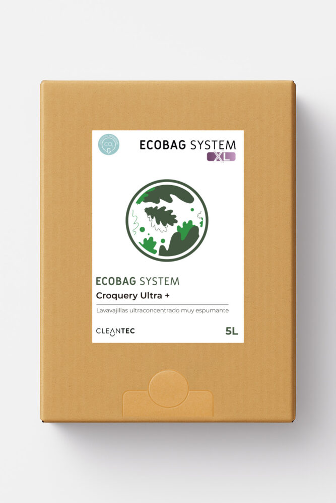 ECOBAG SYSTEM XL CROQUERY ULTRA+ es un lavavajillas manual ultraconcentrado, formulado para producir una espuma densa y duradera, ideal para el lavado de vajilla en entornos profesionales. Su fórmula actúa de forma eficaz sobre grasas, restos de comida y suciedad incrustada, dejando la vajilla con un acabado limpio y brillante. El sistema ECOBAG asegura una dosificación eficiente y sostenible. Venta exclusiva para profesionales. Producto de uso profesional, no apto para uso doméstico.
