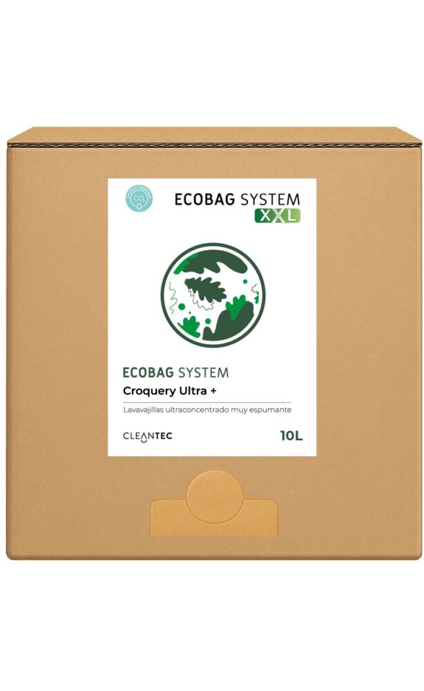 ECOBAG SYSTEM XXL CROQUERY ULTRA+ es un lavavajillas manual ultraconcentrado, formulado para producir una espuma densa y duradera, ideal para el lavado de vajilla en entornos profesionales. Su fórmula actúa de forma eficaz sobre grasas, restos de comida y suciedad incrustada, dejando la vajilla con un acabado limpio y brillante. El sistema ECOBAG asegura una dosificación eficiente y sostenible. Venta exclusiva para profesionales. Producto de uso profesional, no apto para uso doméstico.