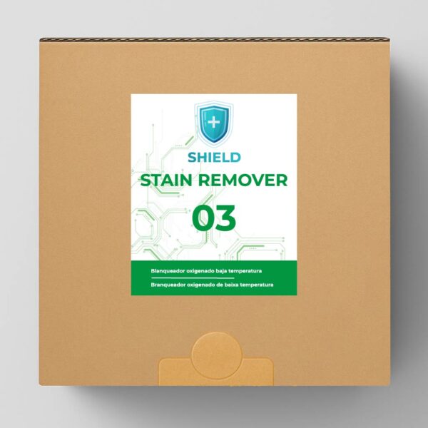 ECOBAG SYSTEM XXL SHIELD STAIN REMOVER 03 es un eliminador de manchas oxigenado diseñado para tratar manchas difíciles a baja temperatura, como vino, jugos, aceites o alimentos. Su fórmula avanzada utiliza peróxido de hidrógeno para disolver y eliminar manchas sin dañar los tejidos, ideal para lavanderías industriales y entornos con altos volúmenes de lavado. Recomendado para aplicaciones de lavado a baja temperatura. Venta exclusiva para profesionales. Producto de uso profesional, no apto para uso doméstico.