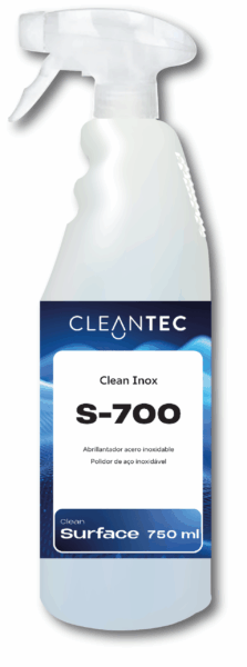 CLEAN INOX S-700 es un abrillantador y protector profesional formulado para el mantenimiento de superficies de acero inoxidable en entornos de alta exigencia. Elimina huellas, grasa ligera y marcas de agua, dejando una película protectora brillante y antihuellas que realza el aspecto del acero y facilita su limpieza futura. Ideal para campanas, frigoríficos, hornos, ascensores, barandillas y mobiliario de acero en cocinas industriales, hoteles, hospitales, oficinas y comercios. No requiere aclarado. Venta exclusiva para profesionales. Producto de uso profesional, no apto para uso doméstico.