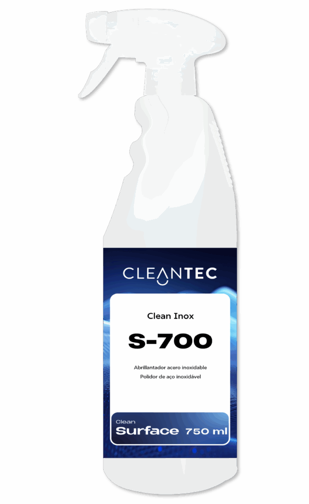 CLEAN INOX S-700 es un abrillantador y protector profesional formulado para el mantenimiento de superficies de acero inoxidable en entornos de alta exigencia. Elimina huellas, grasa ligera y marcas de agua, dejando una película protectora brillante y antihuellas que realza el aspecto del acero y facilita su limpieza futura. Ideal para campanas, frigoríficos, hornos, ascensores, barandillas y mobiliario de acero en cocinas industriales, hoteles, hospitales, oficinas y comercios. No requiere aclarado. Venta exclusiva para profesionales. Producto de uso profesional, no apto para uso doméstico.