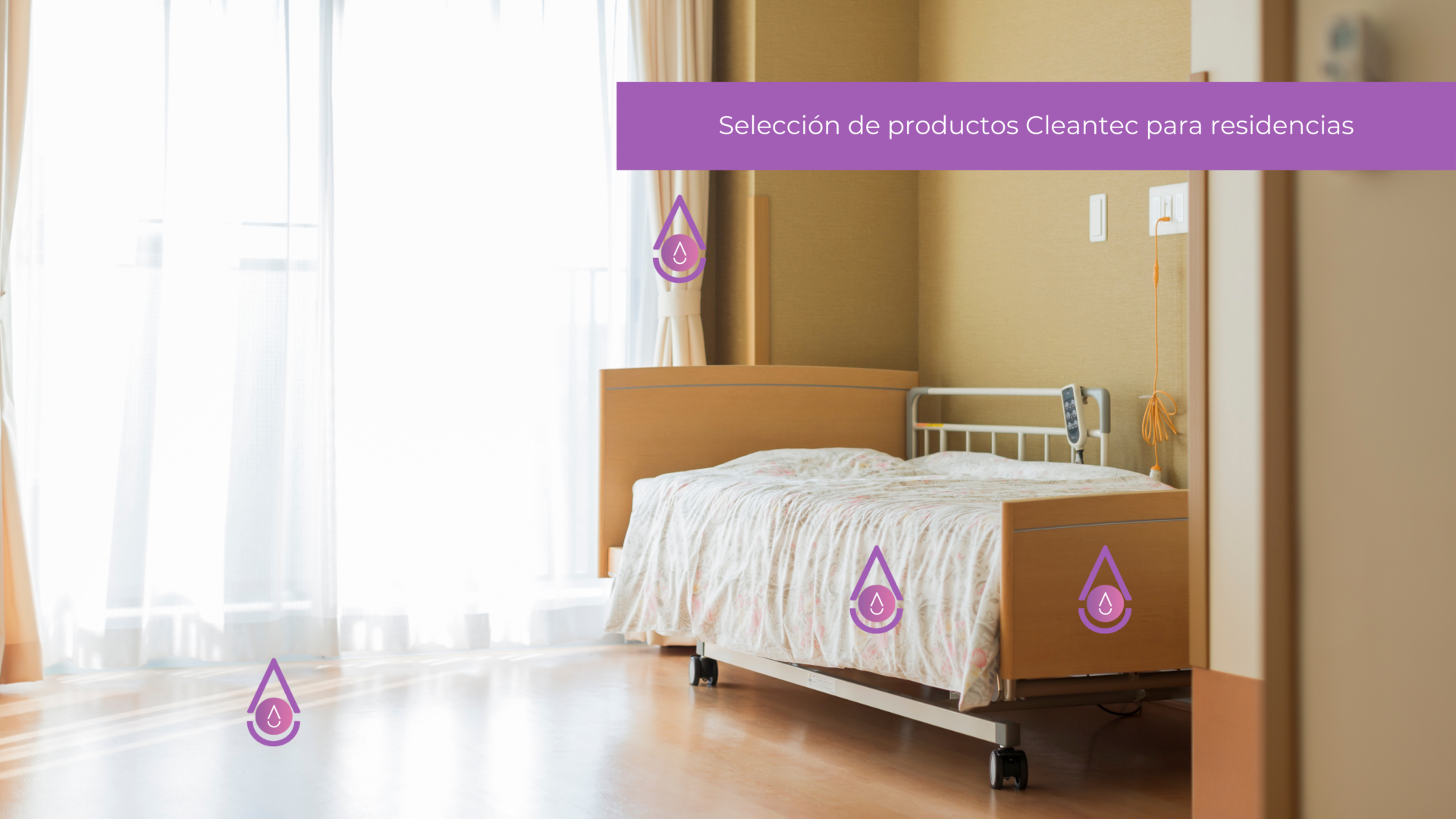 Imagen de selección de productos de limpieza de Cleantec diseñados para la higiene y desinfección en centros de mayores, respetando diversas superficies y el entorno.