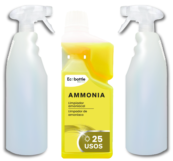 ECOBOTTLE AMMONIA HAND DOSE STARTER PACK es un limpiador amoniacal ultra concentrado, desarrollado para ofrecer una limpieza intensa en suelos y superficies lavables, con una fórmula que combina potente acción desengrasante con efecto desodorizante. Presentado en un starter pack con sistema de dosificación manual, permite aplicar la dosis justa para cada uso, optimizando el consumo y reduciendo residuos. Su envase rellenable reutilizable está pensado para profesionales que buscan eficiencia y compromiso ambiental en su operativa diaria. Venta exclusiva para profesionales. Producto de uso profesional, no apto para uso doméstico.
