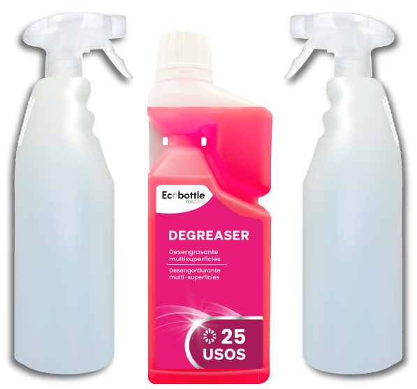ECOBOTTLE DEGREASER HAND DOSE STARTER PACK es un desengrasante ultra concentrado multisuperficies, presentado en formato starter pack con dosificador manual, ideal para una primera experiencia de limpieza profesional sostenible. Diseñado para la eliminación eficaz de grasas, aceites y suciedad incrustada en cocinas, superficies lavables, maquinaria y zonas de alto uso. Cada dosis permite una dilución precisa, reduciendo desperdicios y mejorando el rendimiento por aplicación. Su envase reutilizable está pensado para fomentar la economía circular y facilitar el uso responsable de productos químicos. Venta exclusiva para profesionales. Producto de uso profesional, no apto para uso doméstico.